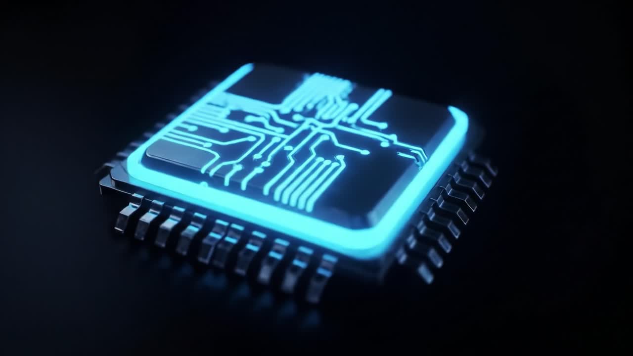 A detailed look at a microprocessor illuminated with blue light, highlighting intricate circuit designs against a black background. This showcases advancements in digital technology and electronics.
