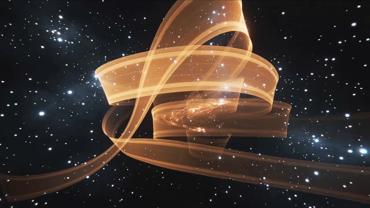 一条金色丝带从左侧进入，在密集的星辰中围绕发光星团盘旋。