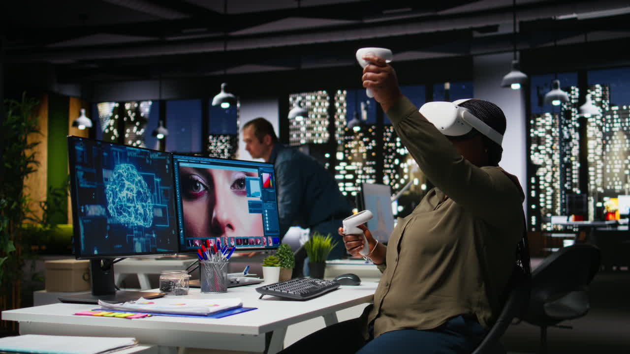 Black woman using VR glasses and neural networks to edit photos
