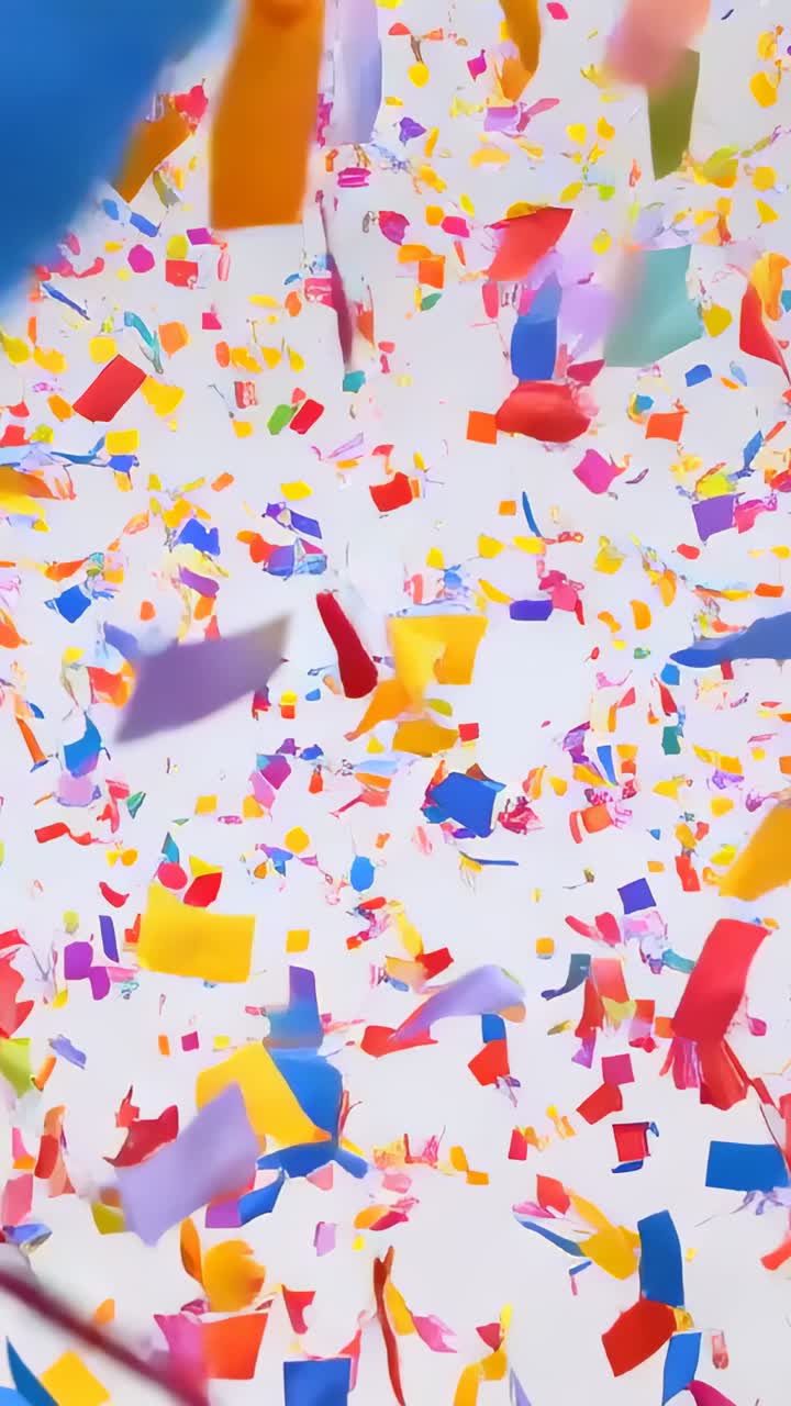 Video verticale: rilascio di coriandoli colorati che cadono in uno studio bianco, formando un mucchio sul pavimento