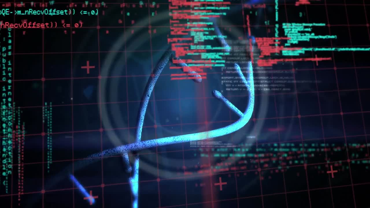 Animation of dna strand over science data processing on dark background