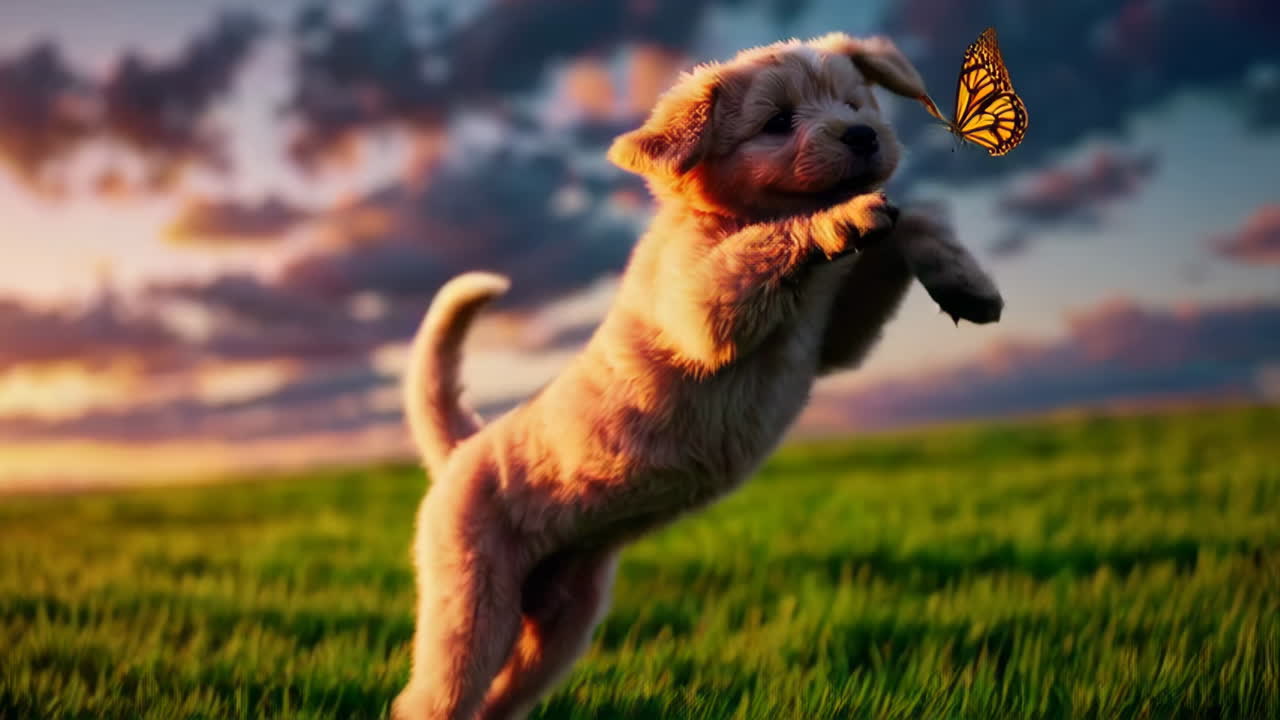 Filhote Fofo de Golden Retriever Brincando em um Campo ao Pôr do Sol