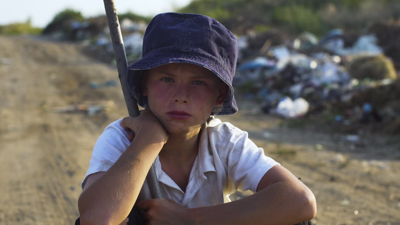 A sad boy in poverty near a garbage dump