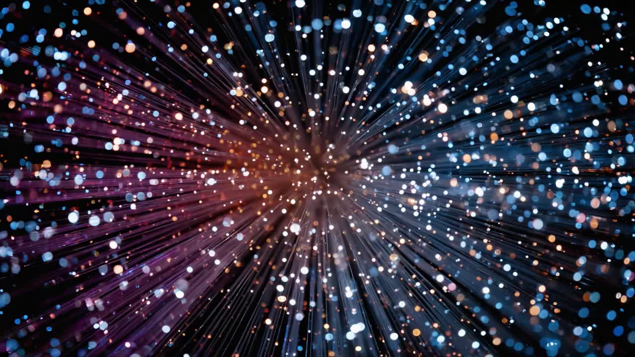 An Abstract Exploration of Light and Motion: A Dynamic Display of Colorful Bokeh, Radiating Particles, and Streaming Rays in an Enchanting Visual Experience