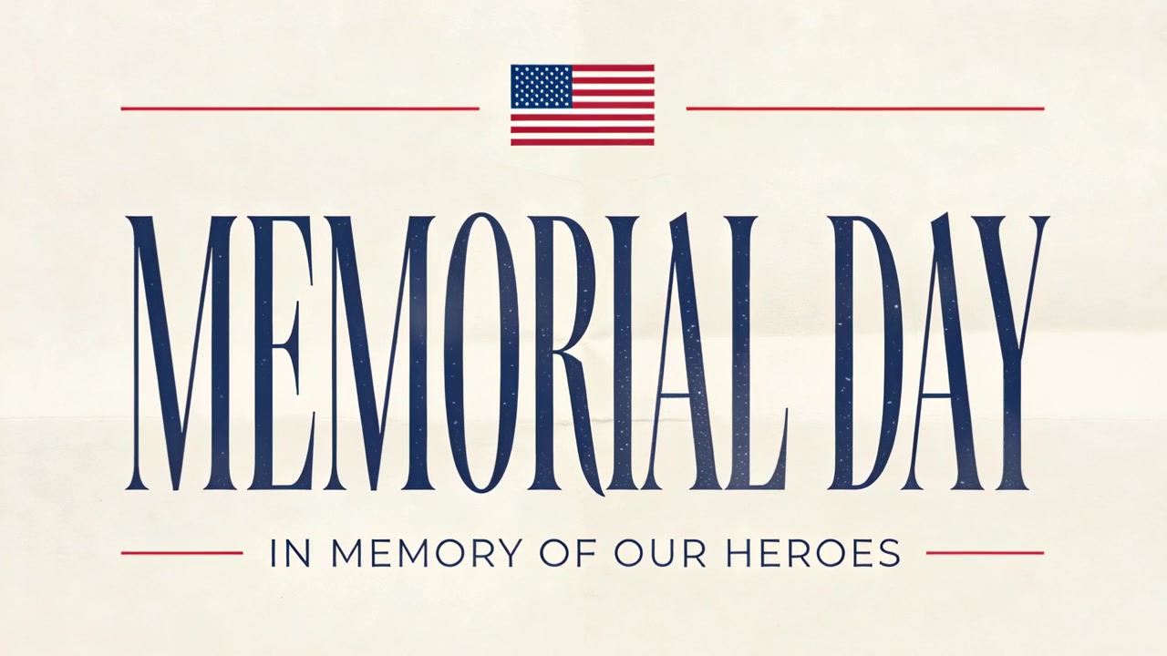 After clip start, centered title card holding on cream paper, US flag and headline honoring heroes