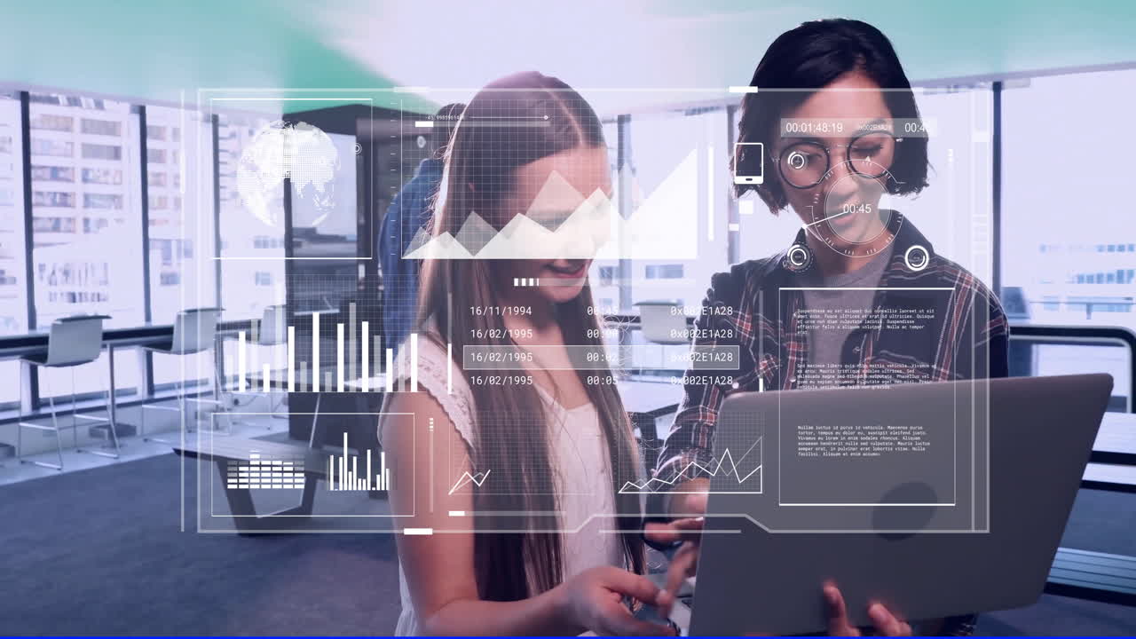animación de análisis de datos de negocios sobre personas diversas que colaboran en una oficina moderna