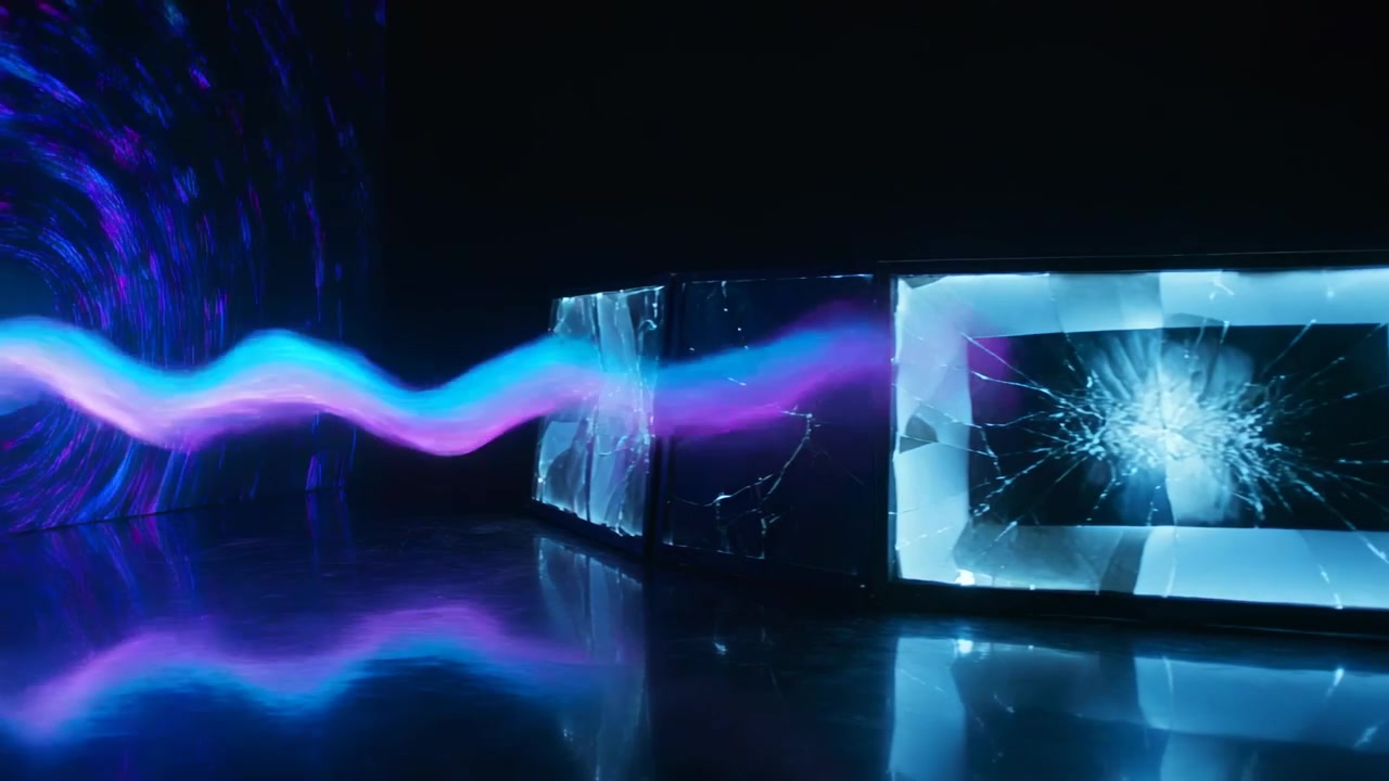 Glowing vortex emitting blue-purple ribbon and cracking center block on glossy floor, copy space