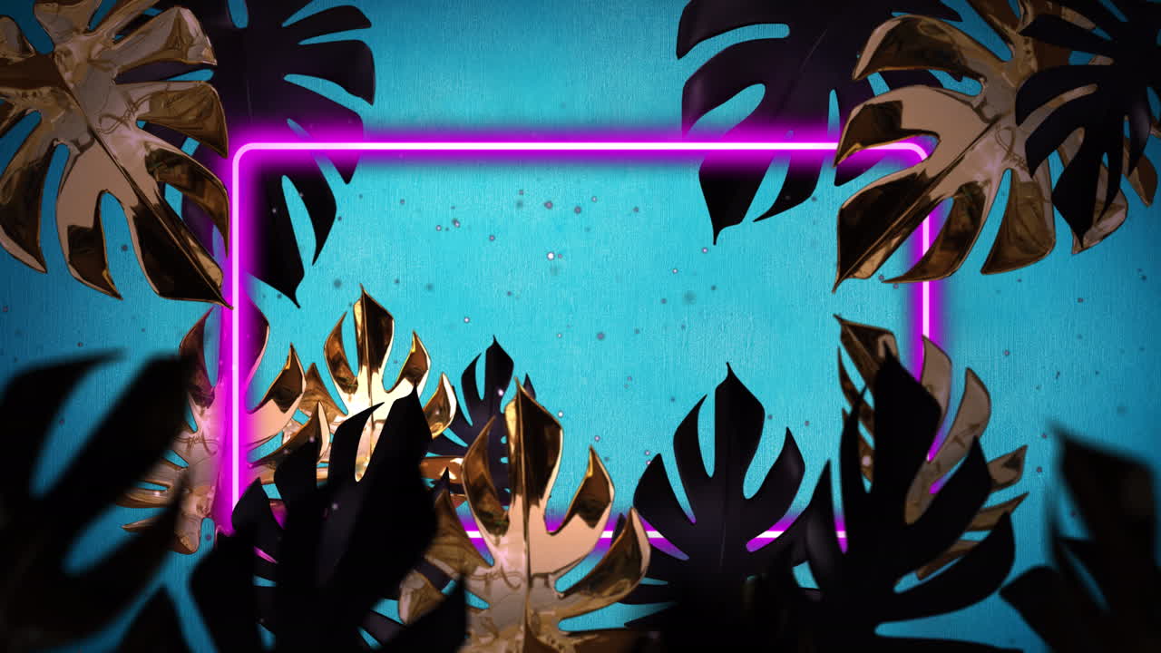 파란 바탕에 잎 위에 복사 공간과 네온 프레임의 애니메이션