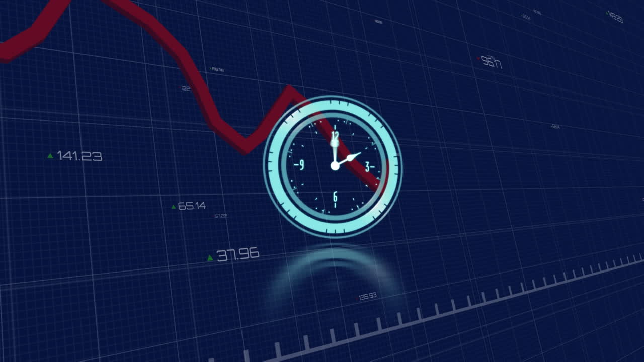 Animazione di elaborazione dati su orologio in movimento su sfondo blu
