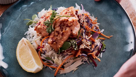 salmon with rice and salad