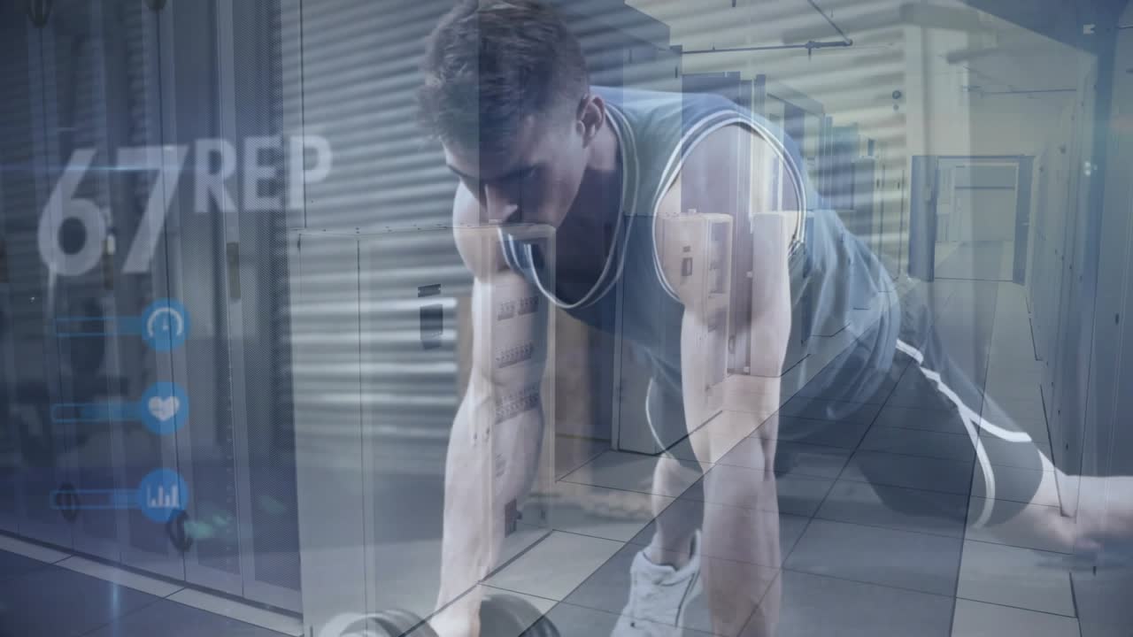 Male athlete bracing left dumbbell, performing single-arm rows for fitness, UI counting reps