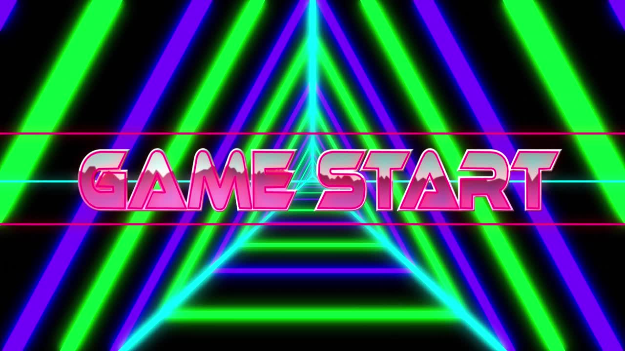 네온 선과 삼각형 패턴 위에 게임 시작 텍스트의 애니메이션