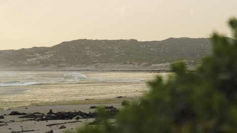 Sea-Water-Rushing-Past-Washed-Up-Yacht-on-a-Gloomy-Beach