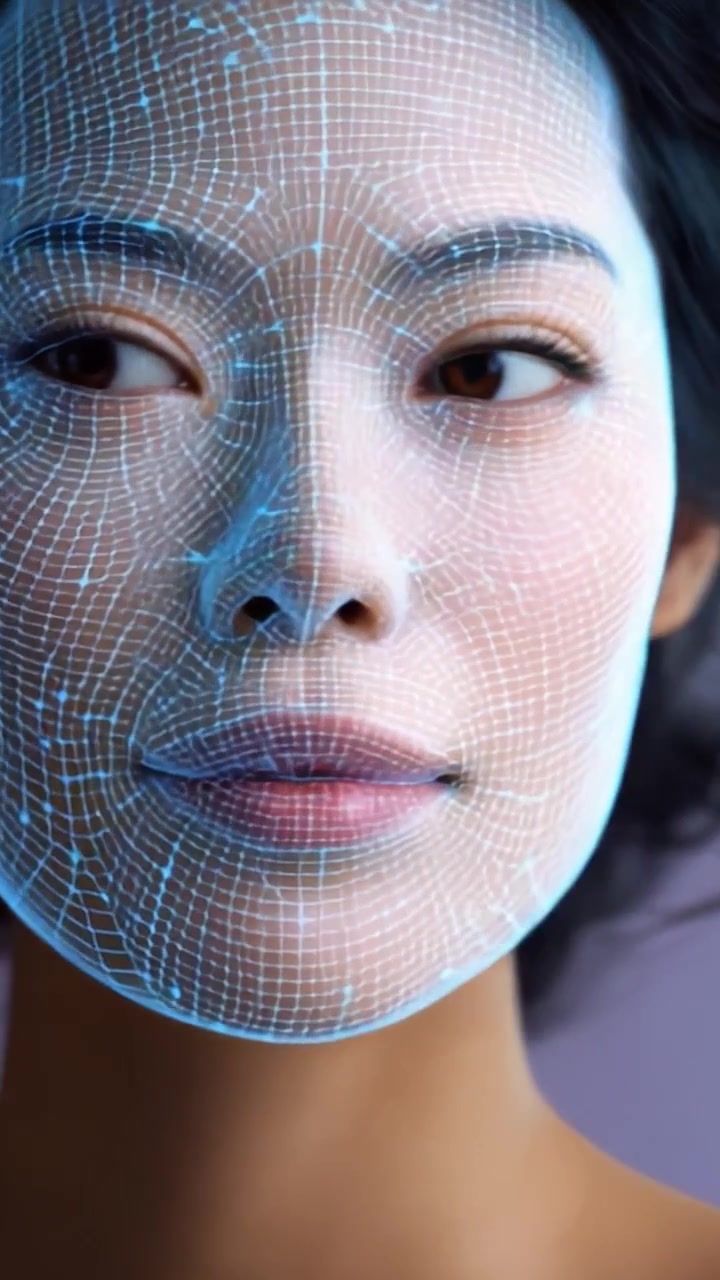 Captivating Portrait of a Young Woman with Digital Facial Mapping Visualization Highlighting Her Unique Features in a Modern Art Style