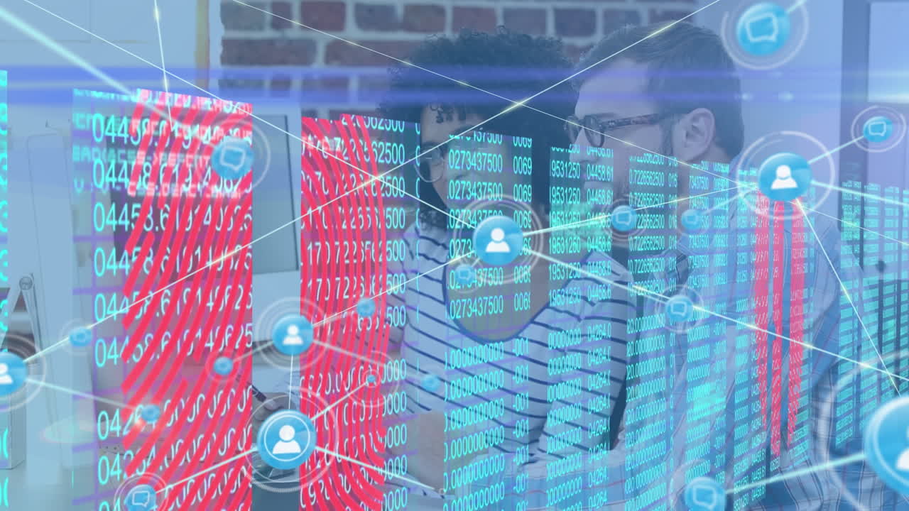 Animation eines Verbindungsnetzwerks mit Symbolen und Datenverarbeitung über verschiedenen Geschäftsleuten.