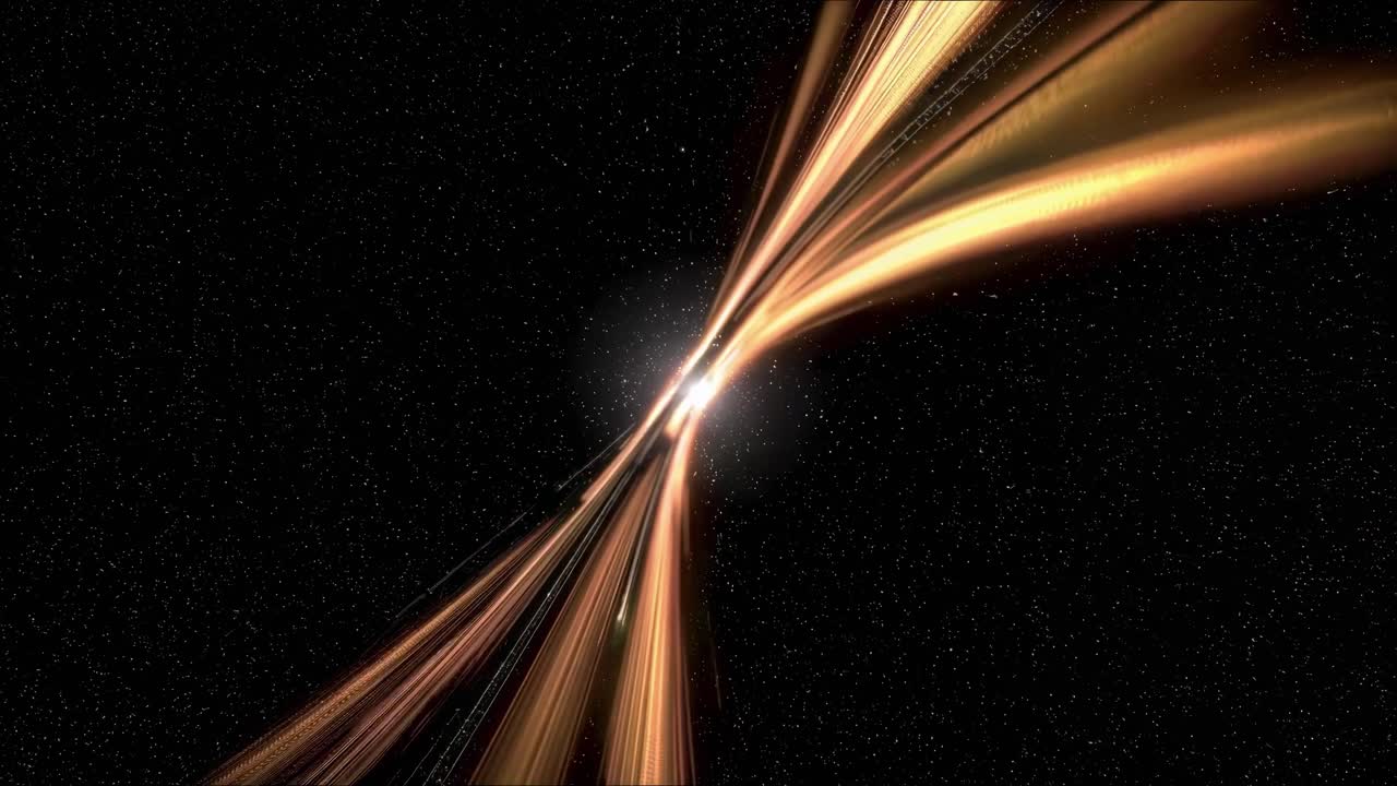 Dynamic video still of a cosmic explosion with glowing trails, captured from a wide-angle