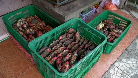 plastic baskets full of fresh caught crabs at seafood restaurant