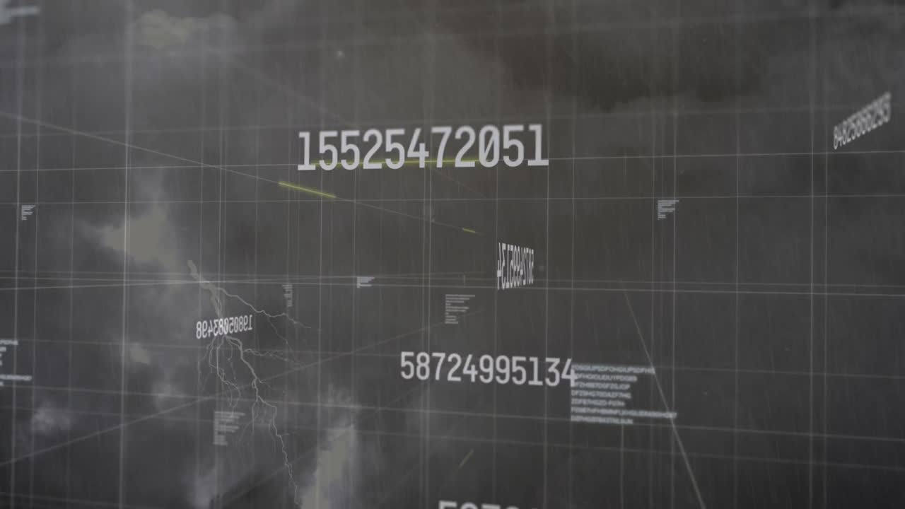 Animation of changing numbers, data processing and light trails against thunderstorms in dark clouds