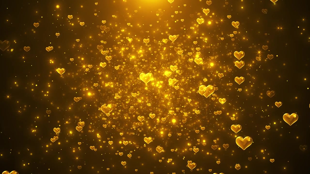Sfondo di cuori dorati fluttuanti, particelle scintillanti, bokeh caldo e un bagliore romantico di celebrazione per San Valentino.