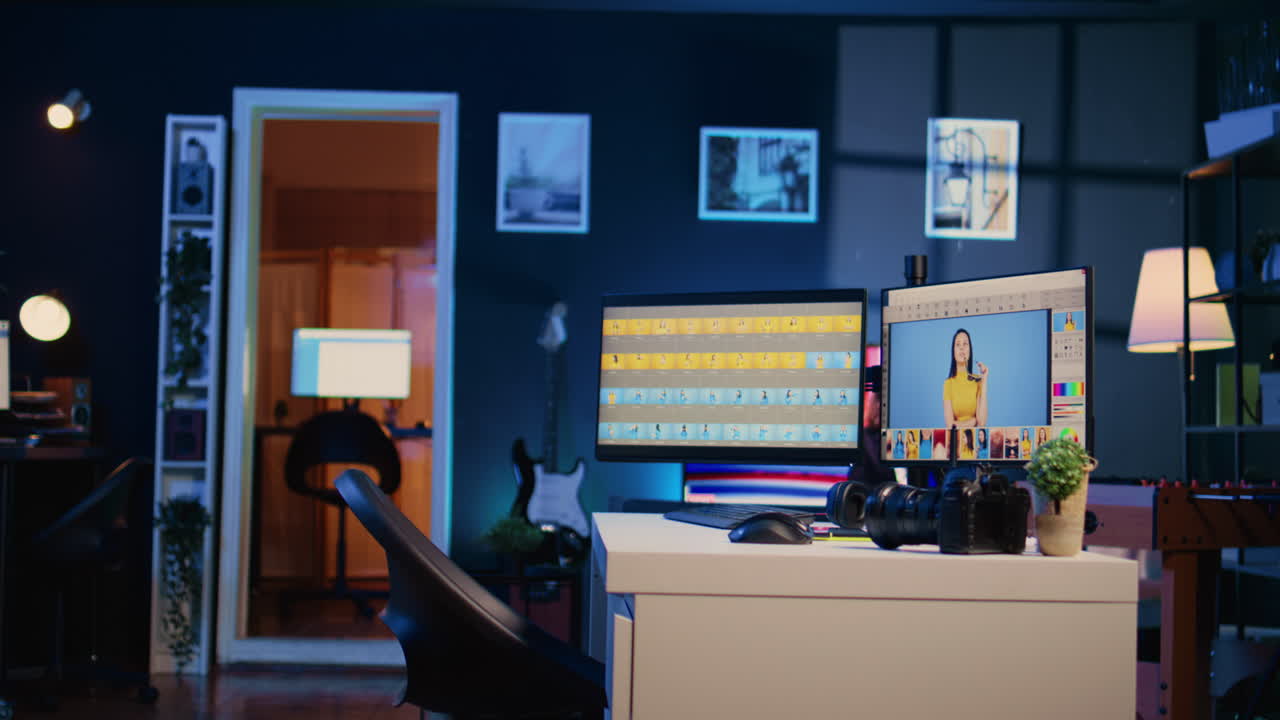 Photo retouching software interface on computer in empty post production studio