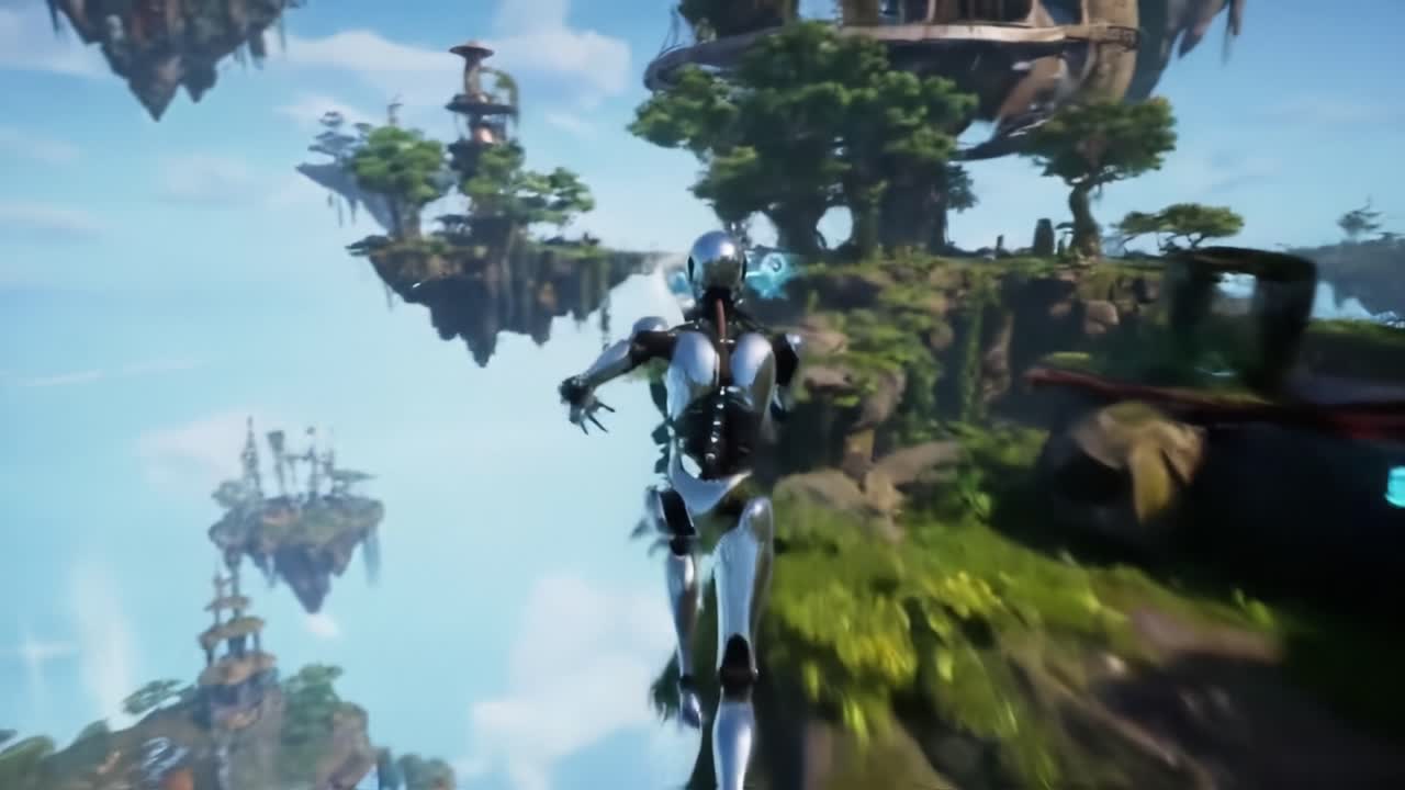 A humanoid robot runs across a lush, floating island filled with greenery and advanced technology. The environment features enchanting landscapes and remarkable architecture in the distance.