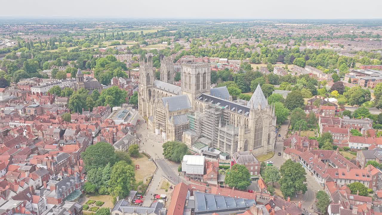 Soaring over York Minster, the Cathedral and Metropolitical Church of Saint Peter, with intricate Gothic architecture, icon of the city of York, North Yorkshire, England