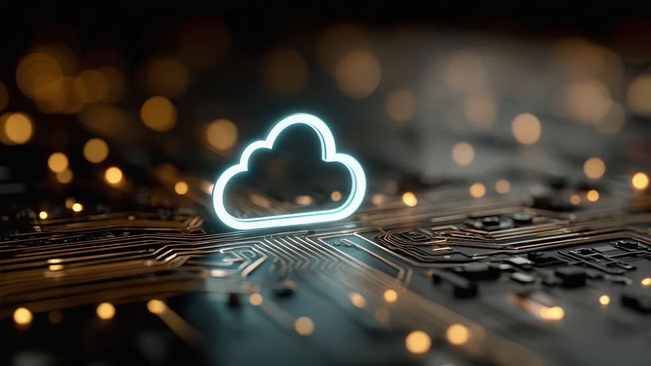 An Engaging Depiction of Cloud Technology Illuminated on a Circuit Board, Showcasing Connectivity and Modern Digital Advances in a Futuristic Setting