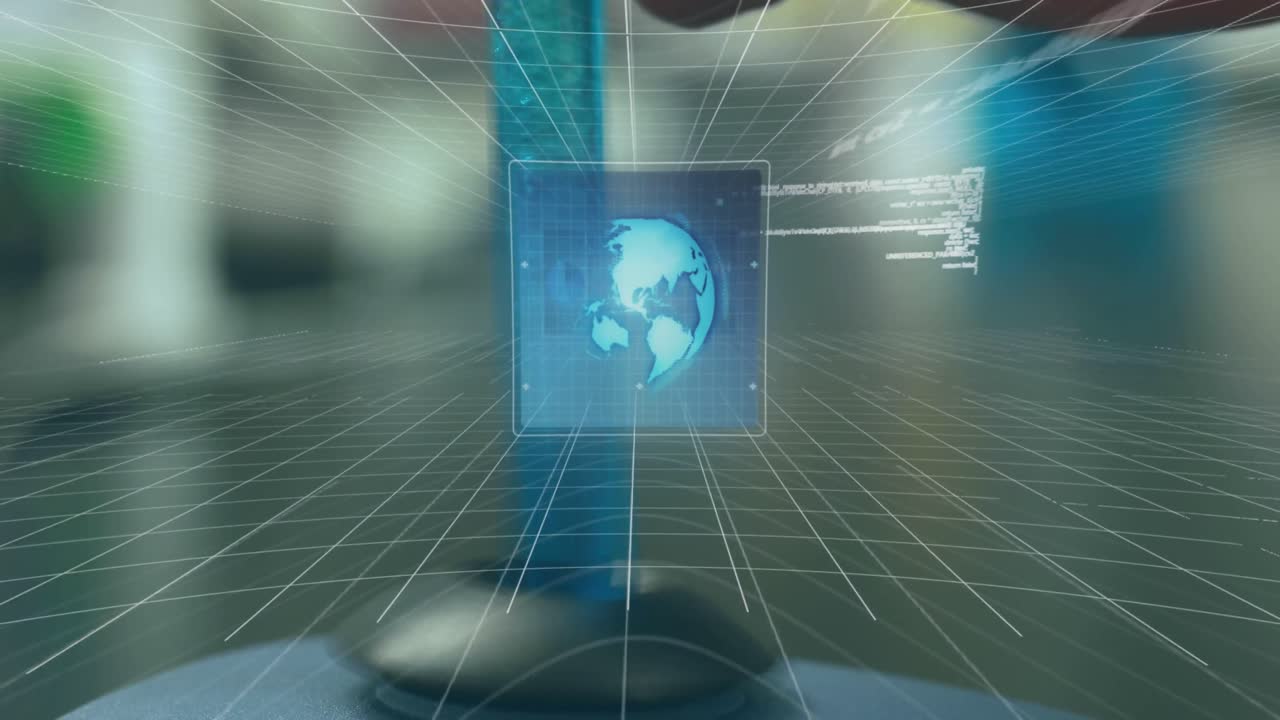 animación del procesamiento de datos y el mundo sobre el científico caucásico con tubo de ensayo