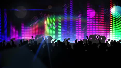 animation of people silhouettes dancing with spotlights and rainbow graphic music equalizer