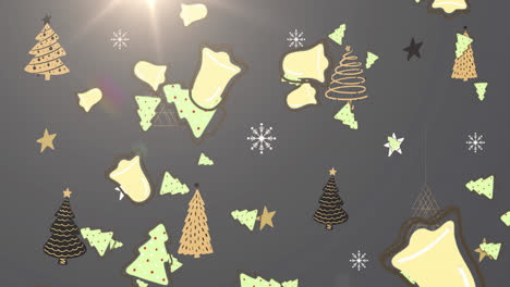 árbol de navidad y iconos de campanas cayendo contra múltiples iconos de árbol de navidad en fondo gris