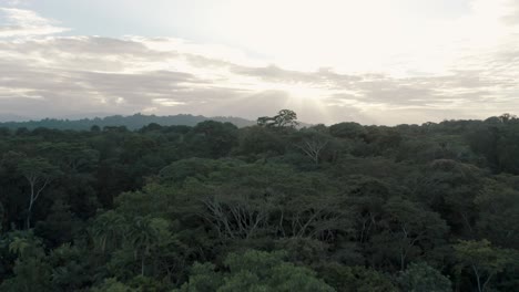 Ascending-Aerial-flyover-deep-rainforest-of-Costa-Rica-during-cloudy-day-and-sun