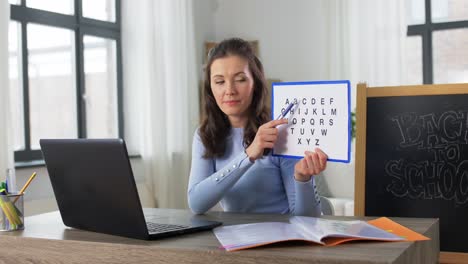 Maestra-Con-Alfabeto-Dando-Clases-En-Línea-En-Casa.-Educación-A-Distancia,-Escuela-Primaria-Y-Concepto-De-Enseñanza.-Maestra-Con-Computadora-Portátil-Y-Alfabeto-Dando-Clases-En-Línea-En-Casa.