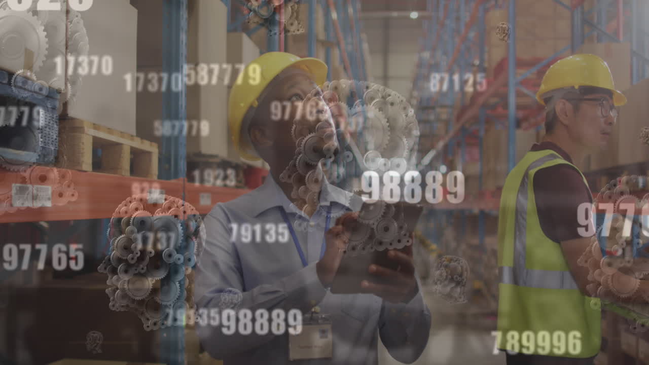 Animazione di elaborazione di dati finanziari su persone diverse che lavorano in magazzino