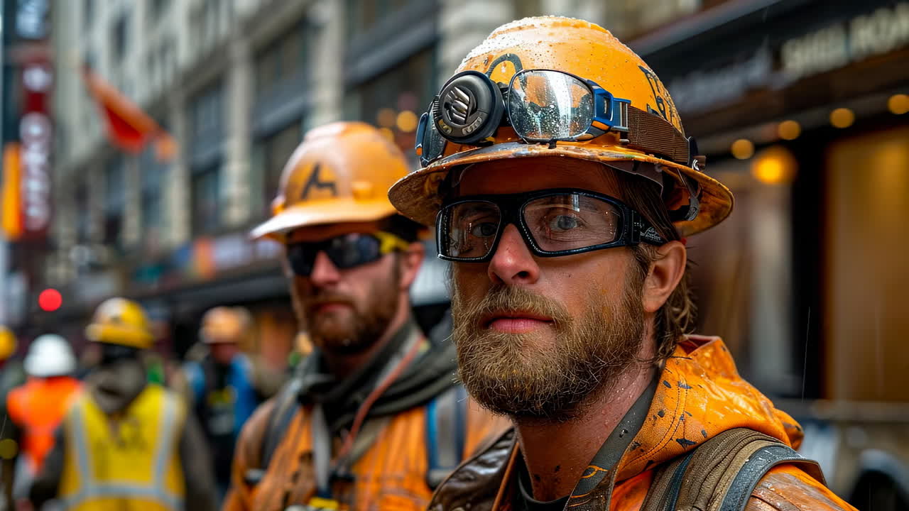 Workers on busy city street. Two construction workers wear safety gear under light rain while surrounded by a busy urban environment