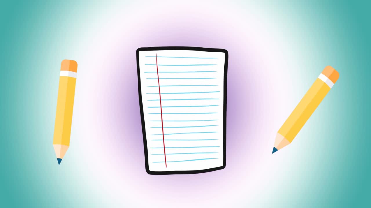 Animation of pencil and paper icons against copy space on purple gradient background