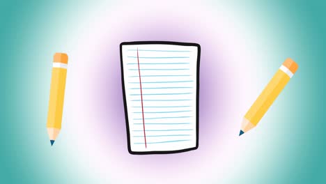 Animation-of-pencil-and-paper-icons-against-copy-space-on-purple-gradient-background