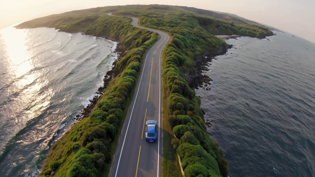 Un video aereo riprende un'auto su una tortuosa strada costiera, mostrando viste panoramiche di una vegetazione lussureggiante