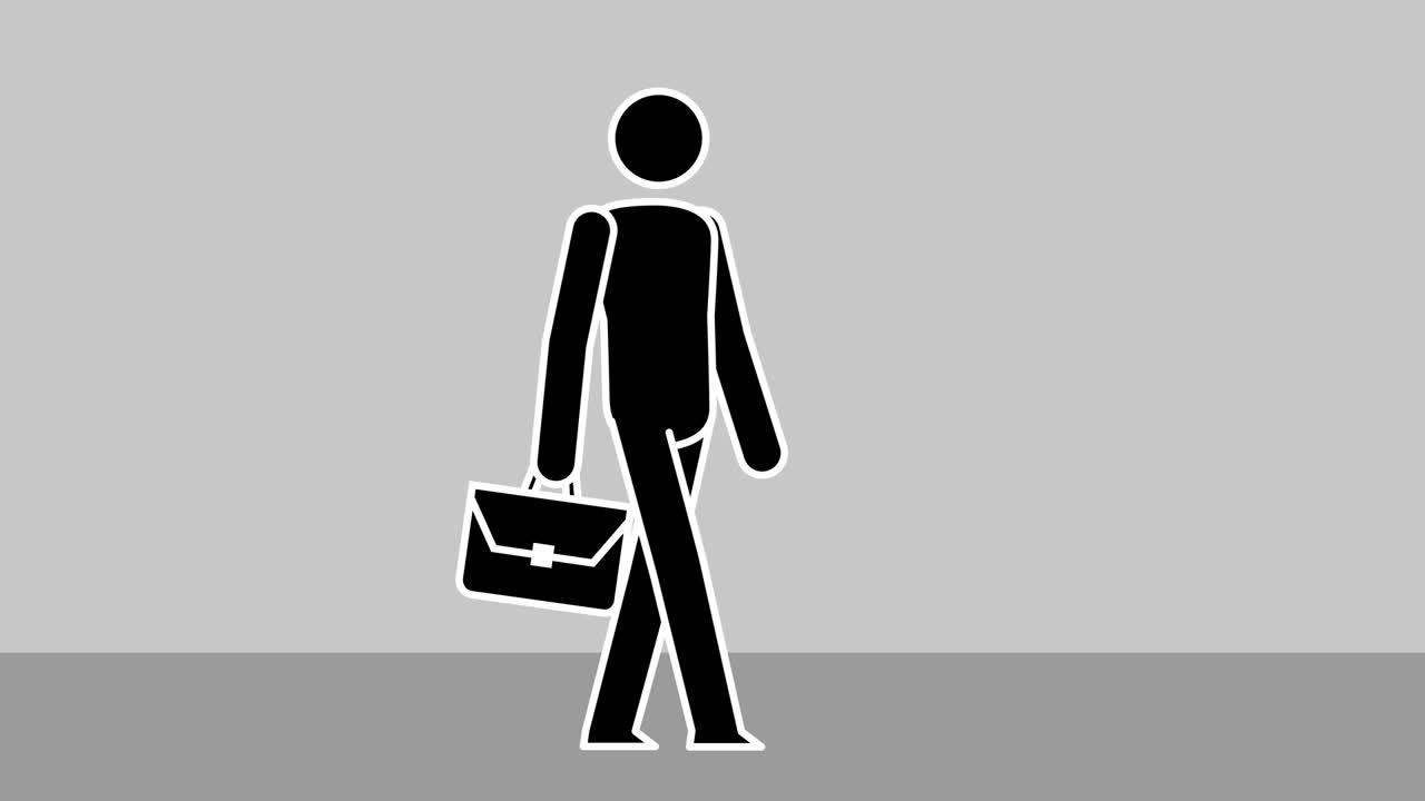 만화 스틱 인형 남성 캐릭터 기 자전거와 브리프케이스 루프 애니메이션 루마 매트로 고립