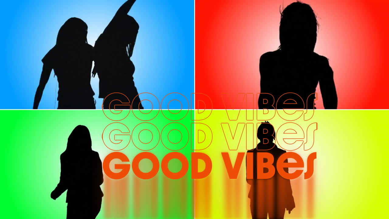 Animation of good vibes text over four screens with people dancing