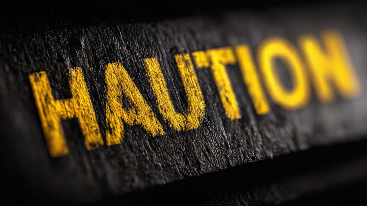 Caution Sign Close-Up: A Detailed Look at Bold Yellow Letters on a Dark Surface Signaling Awareness and Safety Precautions in Various Environments