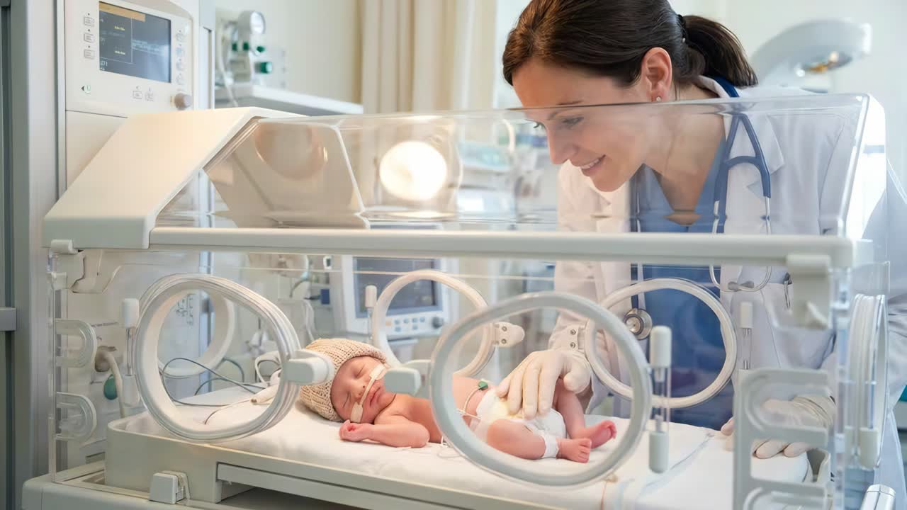 Neonato in incubatrice con infermiera