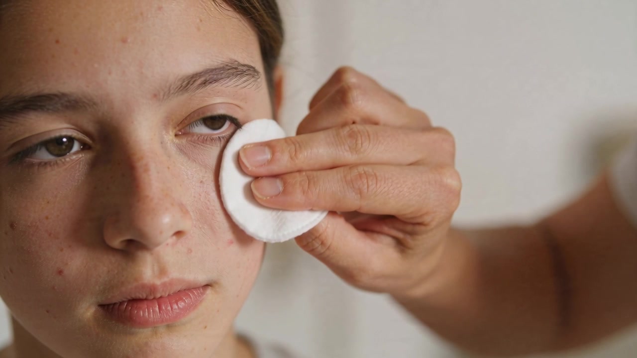 Cuidador alcançando e limpando a bochecha direita de uma adolescente, abaixo do olho, no banheiro, fazendo a limpeza com um algodão.
