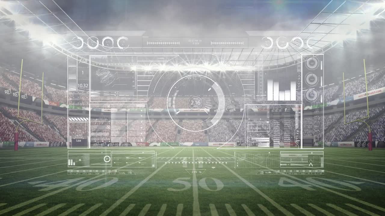 Animation of diverse data processing over american football stadium