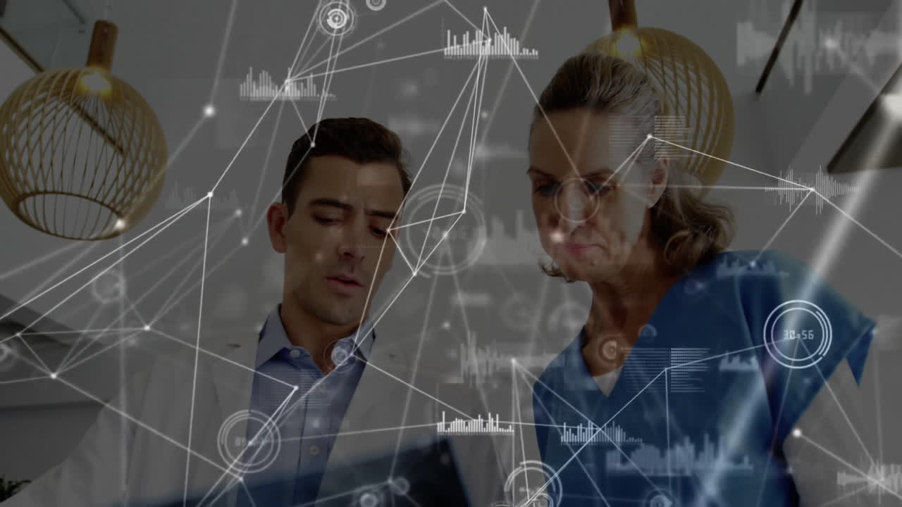 Nurse reviewing tablet with doctor exploring health tech, showing floating charts network lines