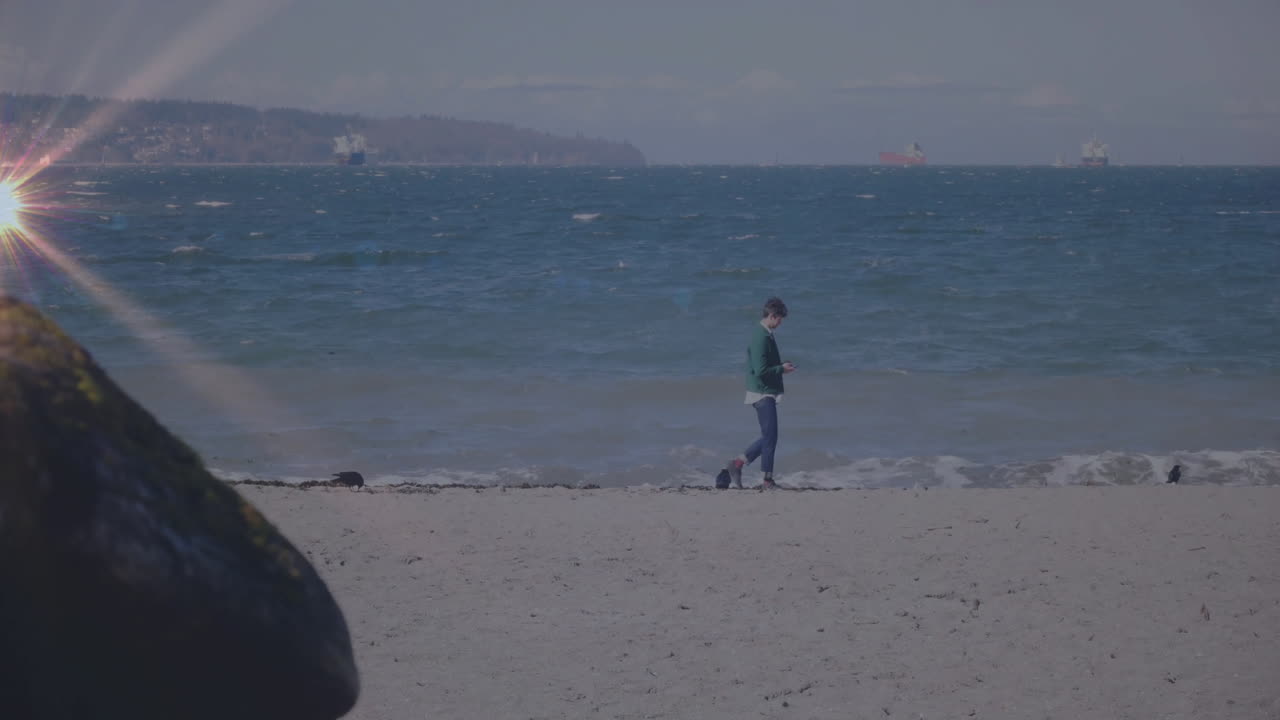 Walking along sandy beach, child enjoying ocean view with ships in background