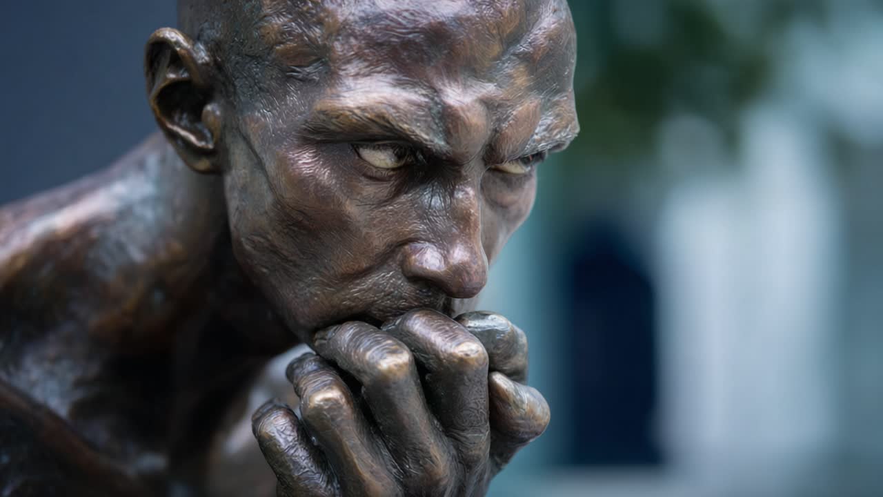 Thoughtful contemplation depicted in a striking bronze sculpture showcasing intricate details and expressive features, capturing deep emotions and human experience