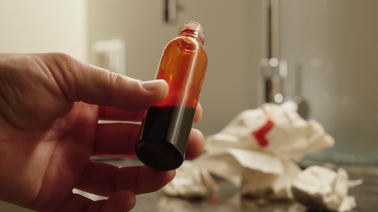 Primo piano di una piccola fiala di vetro riempita con un campione di sangue rosso scuro, tenuta in mano, che illustra test medici, analisi di laboratorio e diagnostica sanitaria.