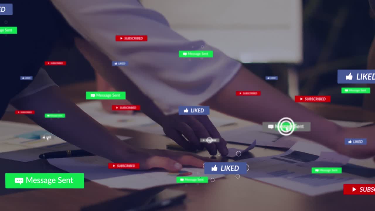 Animation of network of connections with social media icons over spot of light