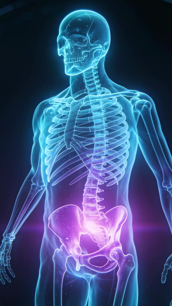 Vertical video: Play starting cyan bones rotating right in void, purple pelvic glow showing anatomy