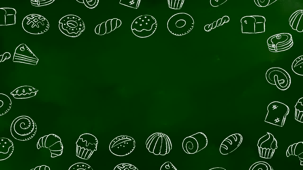 panadería en movimiento patrón de marco de remolino fondo dibujos animados a mano tiza dibujo contorno ilustración de trazo aislado en tablero verde fondo animación de bucle sin costuras 4k, con espacio de copia central